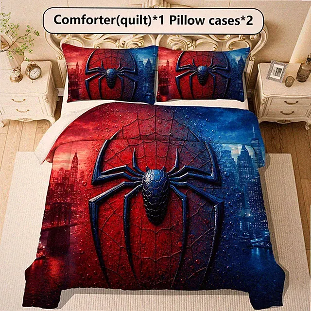 3pcs Superhero City Skyline Quilt Set, 280gsm Quilted Soft Breathable Digital