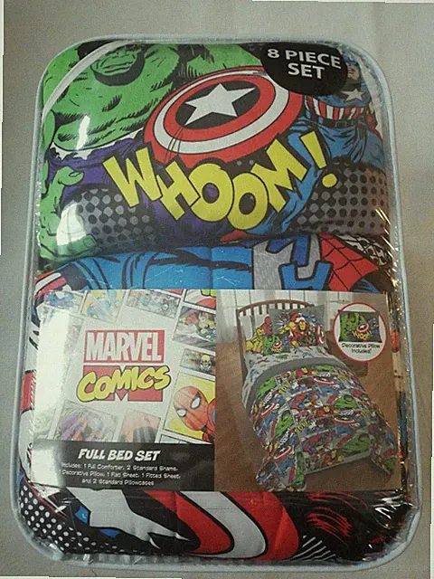 8 Piece Marvel Comics Full Bed Set Comforter, Shams, Decorative Pillow MSRP $240