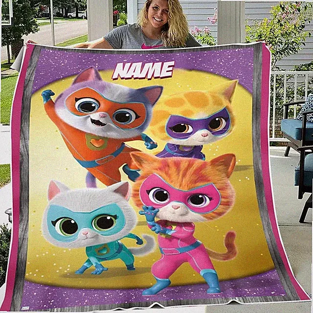 Personalized Cute Super Hero Kitties Flannel Blanket Kids Gift Cozy Throw