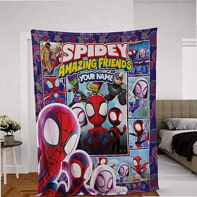 Personalized Name Superhero Cartoon Flannel Blanket Soft Kids Gift